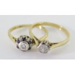 Two 18ct Gold Rings, one with diamond (sizeN) and one with sapphires and diamond (size K), 4.8g