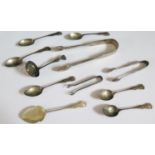 A Pair of Victorian Silver Sugar Tongs, Birmingham silver coffee spoons etc, 140g
