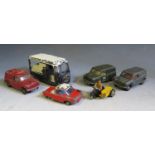 Five Spot-On Toy Cars, 3 Morris Mini Vans, Milkfloat and Friskysport to Restore and Dinky AA Side