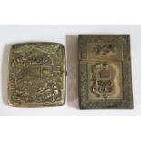 A Chinese Silver Cigarette Case decorated with an embossed landscape scene with figures, the
