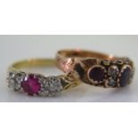 An 18ct Gold, Ruby and Diamond Three Stone Ring size O 3.2g and 9cy ruby and pearl ring size J, 1.9g