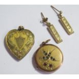 A Pair of 9ct Gold Ingot Pendant Earrings 1.7g and two lockets