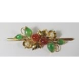 A Chinese Jadeite, Agate & Pearl Floral Brooch in a high carat unmarked gold setting, maker's mark