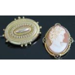 A Victorian Gold Plated Brooch with hair sample and stamped P&S 35x27mm and modern 9ct gold shell