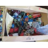 Two Boxes of Assorted Play Worn Toy Cars and Lead Figures etc.