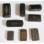 A Collection of Papier Mache Snuff Boxes, early bakelite vestas etc.