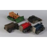 Five Triang Minic Clockwork Toys. Three 11M Tractor Variations, an Allis Chalmers Bulldozer and a