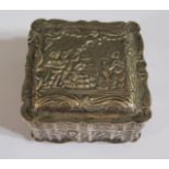 A 19th Century Dutch Silver Hinged Square Box with embossed decoration of maritime scene to the lid,