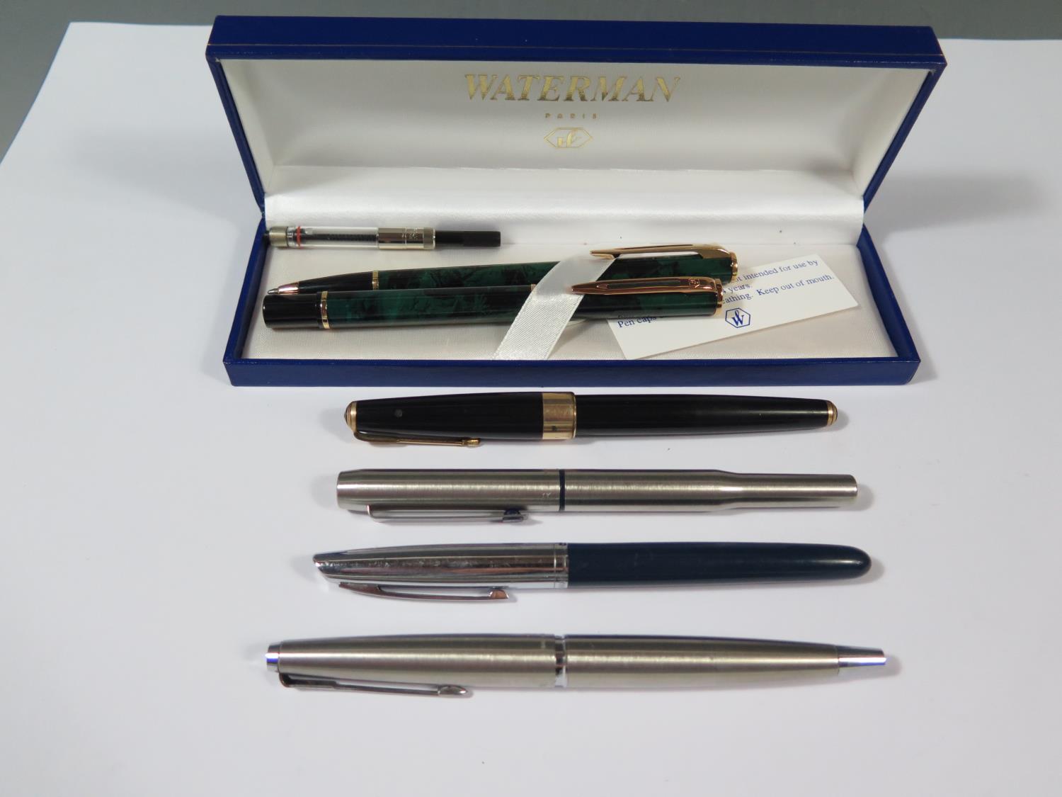 A Boxed Waterman 'Malachite' Ink Pen and Ballpoint Pen Set, three Parkers and Platinum