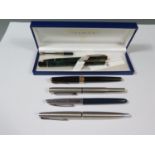 A Boxed Waterman 'Malachite' Ink Pen and Ballpoint Pen Set, three Parkers and Platinum