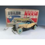 A Chad Valley Ubuilda Clockwork Tinplate Burnett 2 Door Sports Car in blue and cream with black