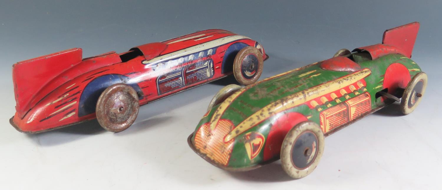 Two Wells Brimtoy Tinplate Clockwork Racing Cars, Motors work (28.5cm approx).