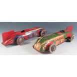 Two Wells Brimtoy Tinplate Clockwork Racing Cars, Motors work (28.5cm approx).