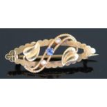 A Victorian 9ct Gold, Sapphire and Pearl Brooch, stamped H&N, 1.7g, 32mm