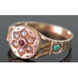 A Victorian 9ct Gold, Ruby, Pearl and Turquise Ring, Birmingham 1878, size M, 1.7g. One turquoise