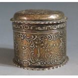 A 19th Century Dutch .930 Silver Cylindrical Box decorated with embossed figured and scroll work,