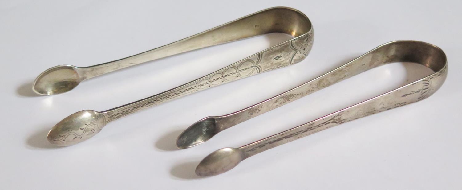 Two Pairs of Bright Cut Silver Sugar Tongs, Newcastle and one other, 68g
