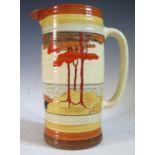 A Rare Clarice Cliff Bizarre Lynton Jug decorated in the Coral Firs pattern, 28.5cm, 1933-39. Slight