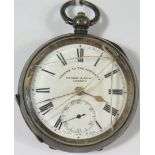 A Kendall & Dent .935 Silver Cased Gent's Open Dial Pocket Watch, running. Glass broken