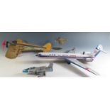 Four Tinplate Airplanes and One Brass including A Japanese Daiya Tinplate Friction Drive Airliner "