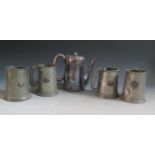 A R.M.S SAXONIA Silver Plated and Enamel Ship's Dining Room Coffee Pot and four pewter ship's mugs