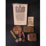 A WWI Widow's Penny with certificate, photograph and Christmas 1914 tin and boxed three medal