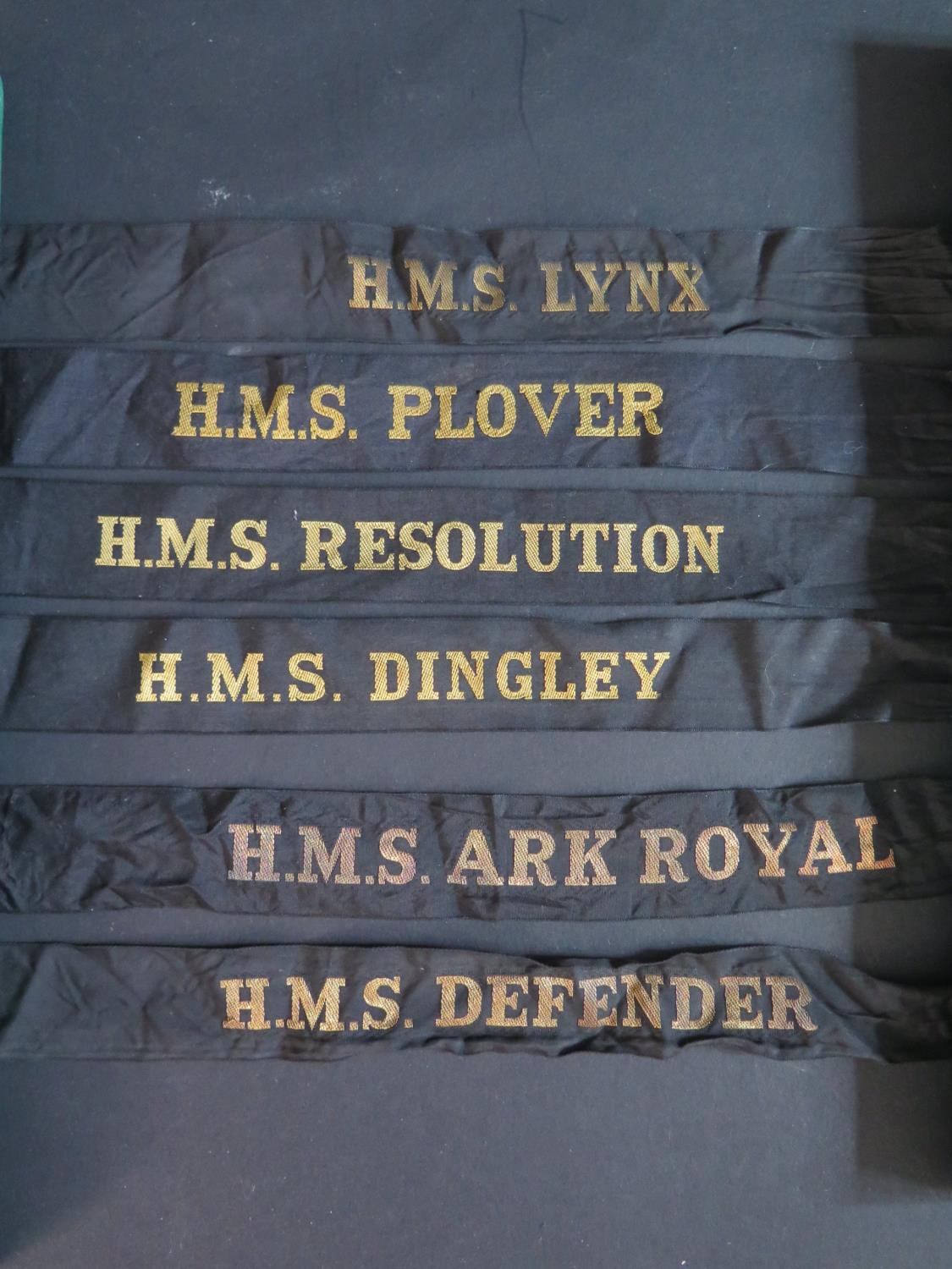 Six Royal Navy Cap Tally Ribbons _ H.M.S. DEFENDER, RESOLUTION, PLOVER, LYNX, DINGLEY and ARK ROYAL