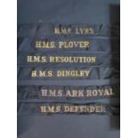 Six Royal Navy Cap Tally Ribbons _ H.M.S. DEFENDER, RESOLUTION, PLOVER, LYNX, DINGLEY and ARK ROYAL