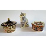 Royal Crown Derby Cat Paperweight and two pots with covers