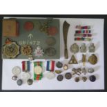 A Selection of Military Cap Badges, Medals etc., including 1916 ON WAR SERVICE Brooch, Surrey