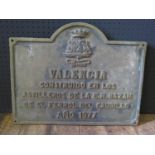 A VALENCIA Bronze Construction Plaque dated 1977 'Valencia Built in the E.N. Bazan of El Ferrol