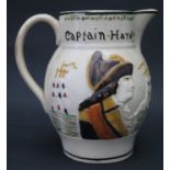 A Prattware Admiral Nelson and Captain Hardy jug, circa 1805, 16.5cm