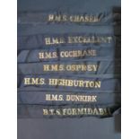 Seven Royal Navy Cap Tally Ribbons _ H.M.S. DUNKIRK, FORMIDABLE, OSPREY, HIGHBURTON, CHASER,