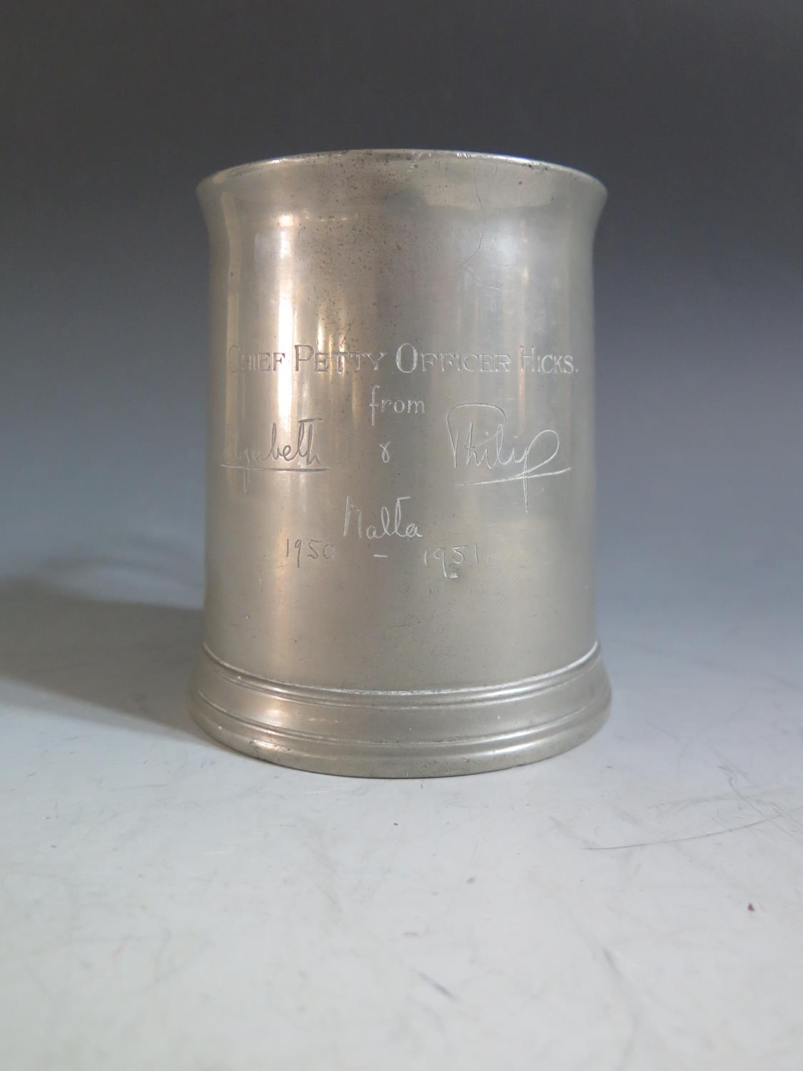 A Pewter Tankard Presented by Princess Elizabeth to CPO Hicks while they were on their tour of Malta - Image 2 of 3