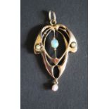 An Art Nouveau 9ct Gold, White Opal and Pearl Pendant, 52mm drop, 3.9g