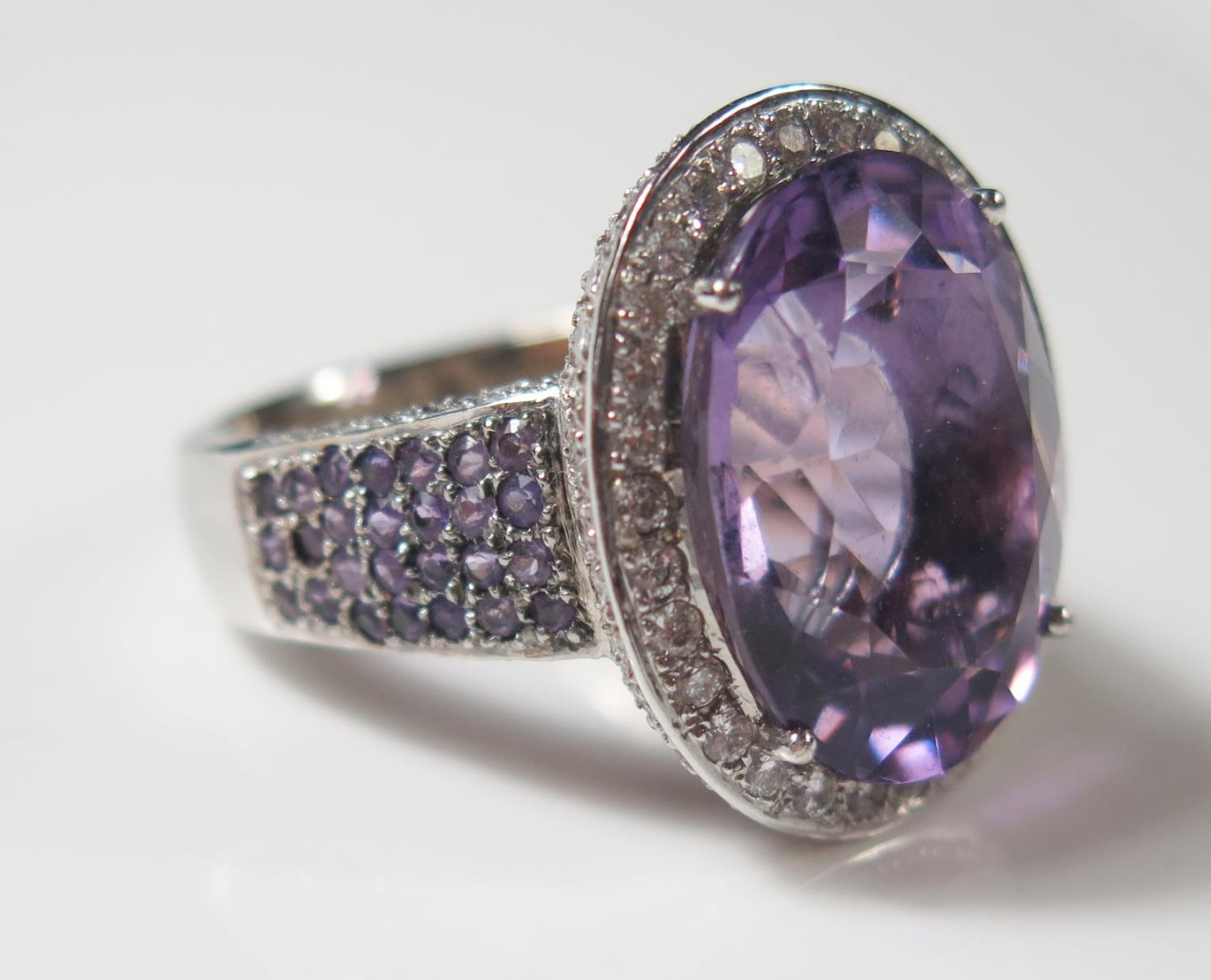 An 18ct White Gold Amethyst and Diamond Dress Ring, size R.5, 19.3g, central stone 20x15mm - Image 3 of 3