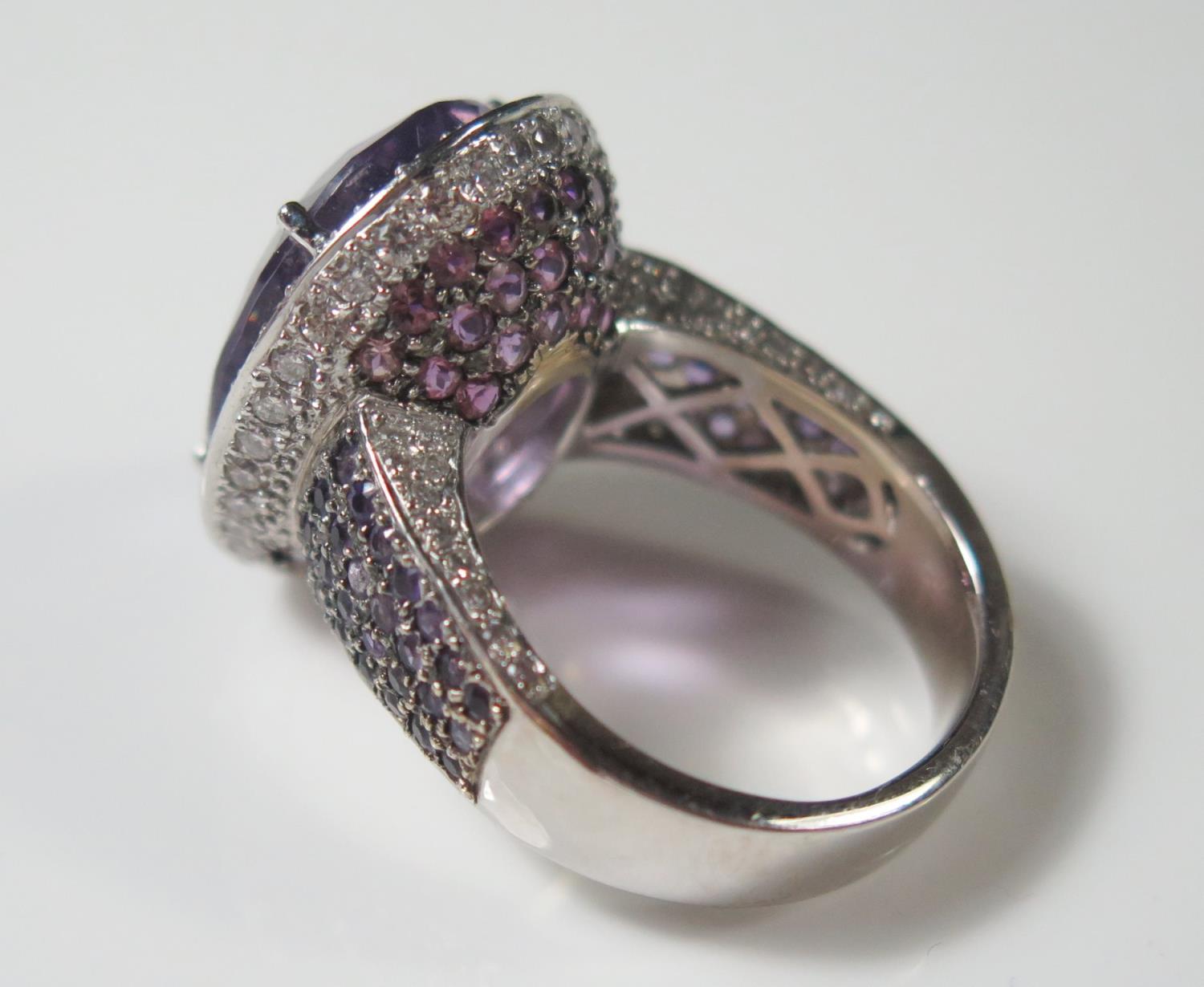 An 18ct White Gold Amethyst and Diamond Dress Ring, size R.5, 19.3g, central stone 20x15mm - Image 2 of 3