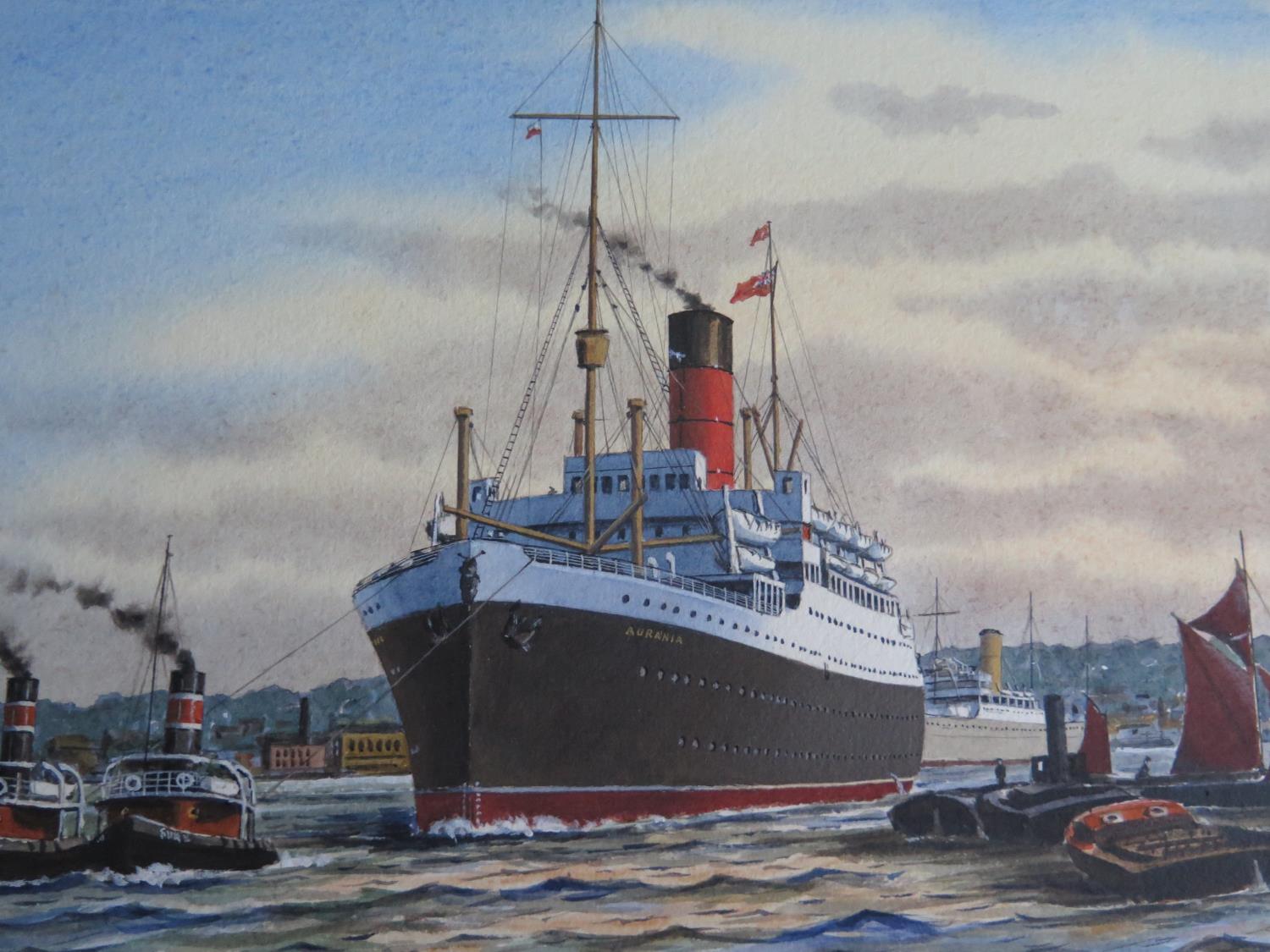 J. Nicholson, AURANIA _ A Cunarder in the London River, acrylic, framed, 37x26cm