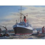 J. Nicholson, AURANIA _ A Cunarder in the London River, acrylic, framed, 37x26cm
