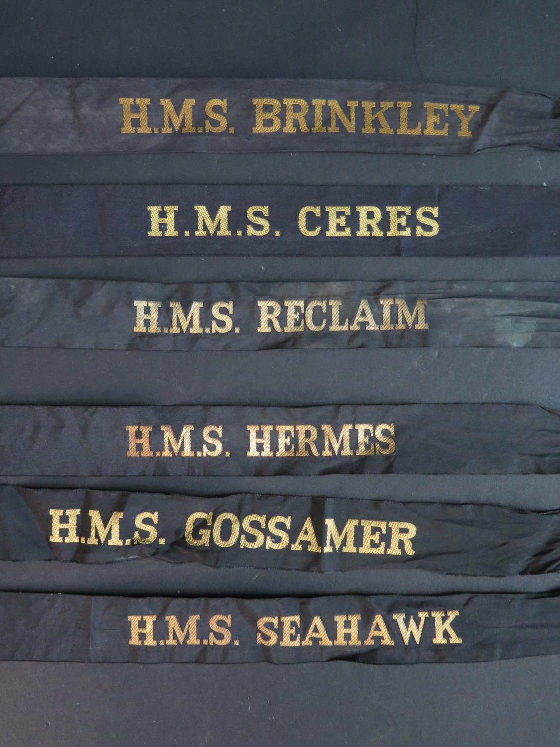 Six Royal Navy Cap Tally Ribbons _ H.M.S. BRINKLEY, RECLAIM, GOSSAMER, CERES, SEAHAWK and HERMES