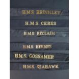 Six Royal Navy Cap Tally Ribbons _ H.M.S. BRINKLEY, RECLAIM, GOSSAMER, CERES, SEAHAWK and HERMES