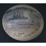 An Ostrich Egg hand painted with a scene of H.M.S. FORTE, SIMONSTOWN 190?