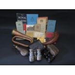 A Selection of Oddments including powder flasks, copper and brass bugle, binoculars, Air Raid