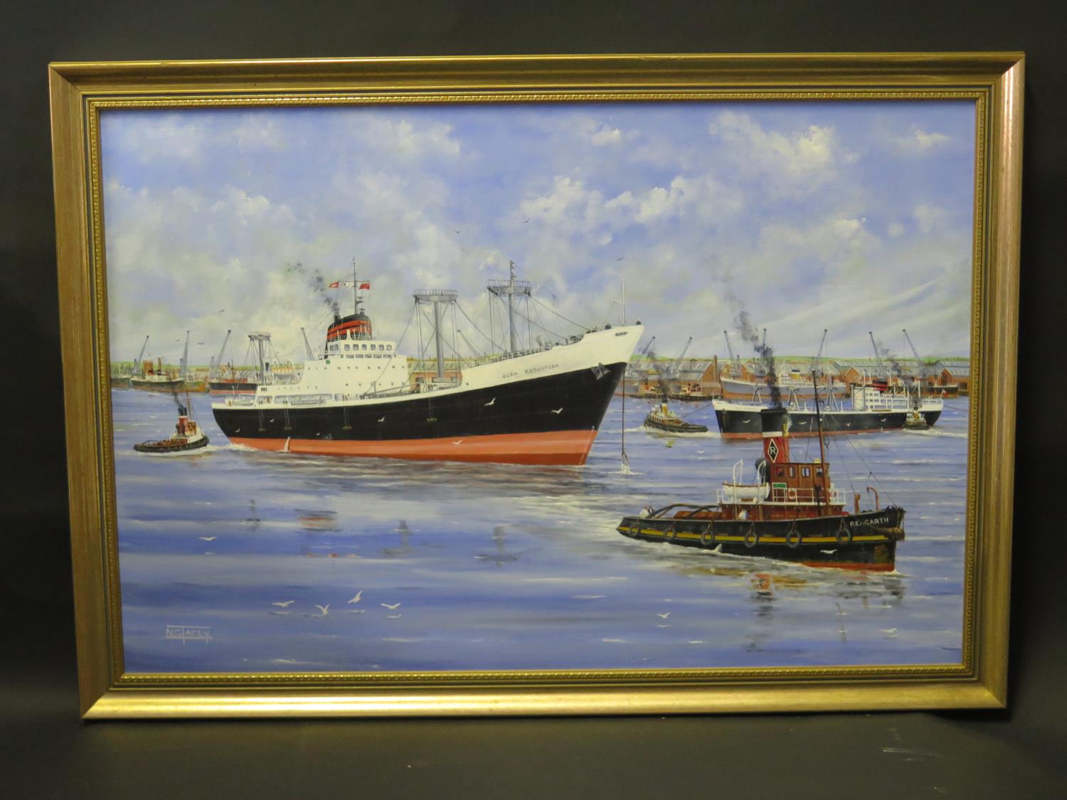 N.G. Tacey, Clan Robertson departing Avonmouth, oil on board, framed, 75x50cm