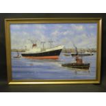 N.G. Tacey, Clan Robertson departing Avonmouth, oil on board, framed, 75x50cm