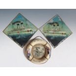 Two Painted Glass S.S. BRAEMAR CASTLE Plaques, 18cm sq. and miniature lifeboat ring, 17cm