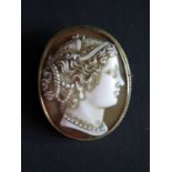 A 9ct Gold Hardstone Cameo Brooch decorated with a lady's head in profile, 42x35mm, 20g