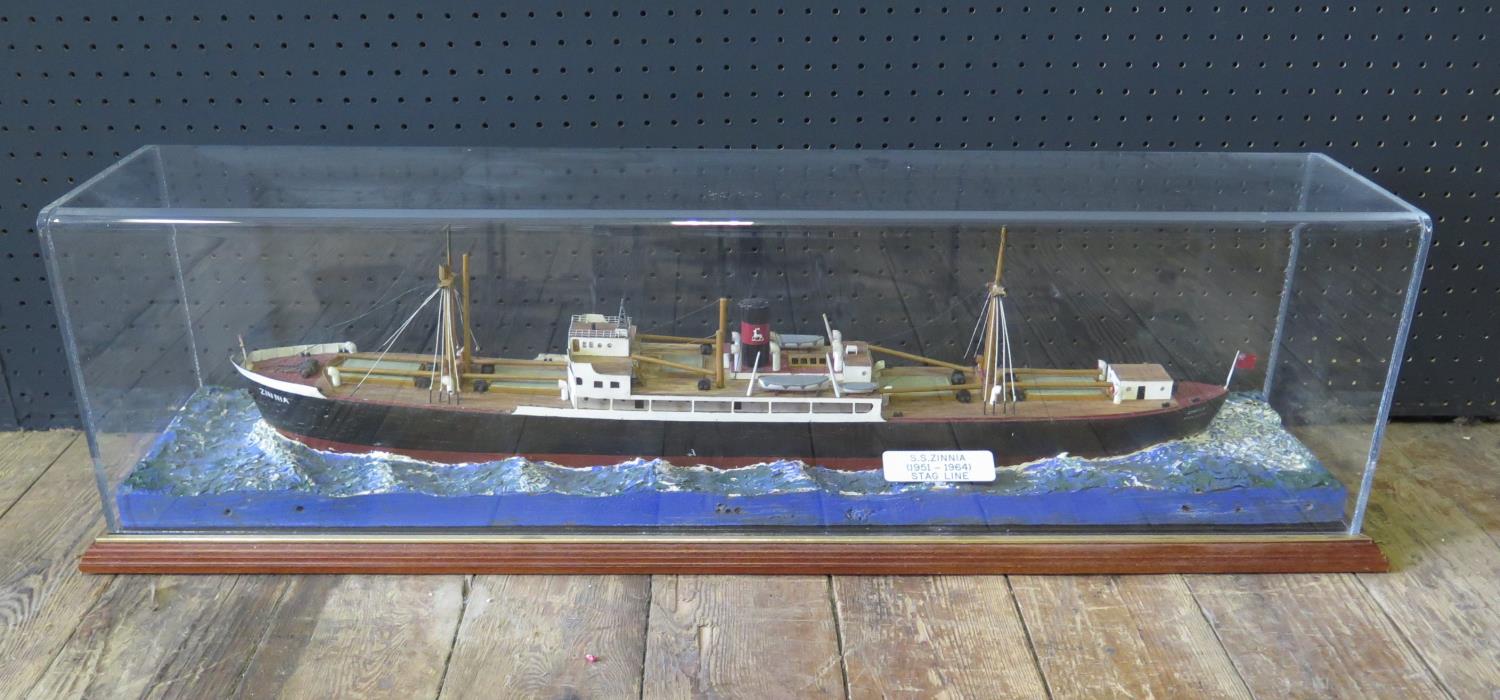 S.S. ZINIA (1951-1964) Stag Line _ Ship's model in perspex glazed case, 85(l)x20(d)x23(h)cm