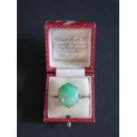 A 9ct White Gold and Jadeite Ring, size J, 6.5g