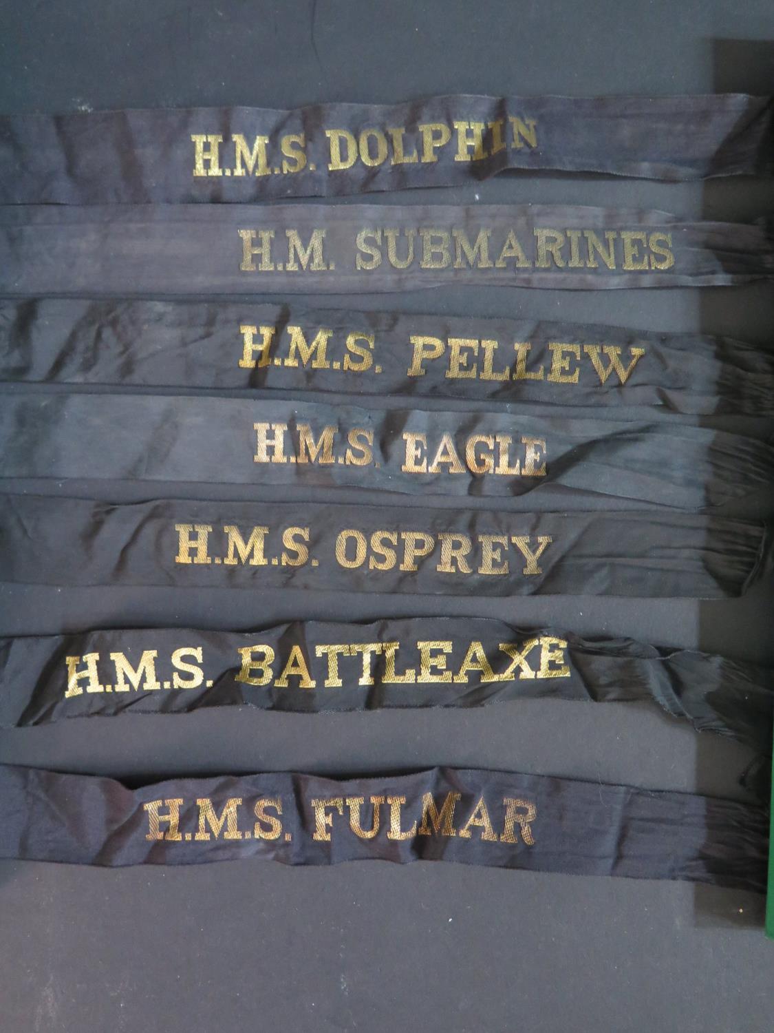 Seven Royal Navy Cap Tally Ribbons _ H.M.S. DOLPHIN, FULMAR, OSPREY, EAGLE, PELLEW, BATTLEAXE and